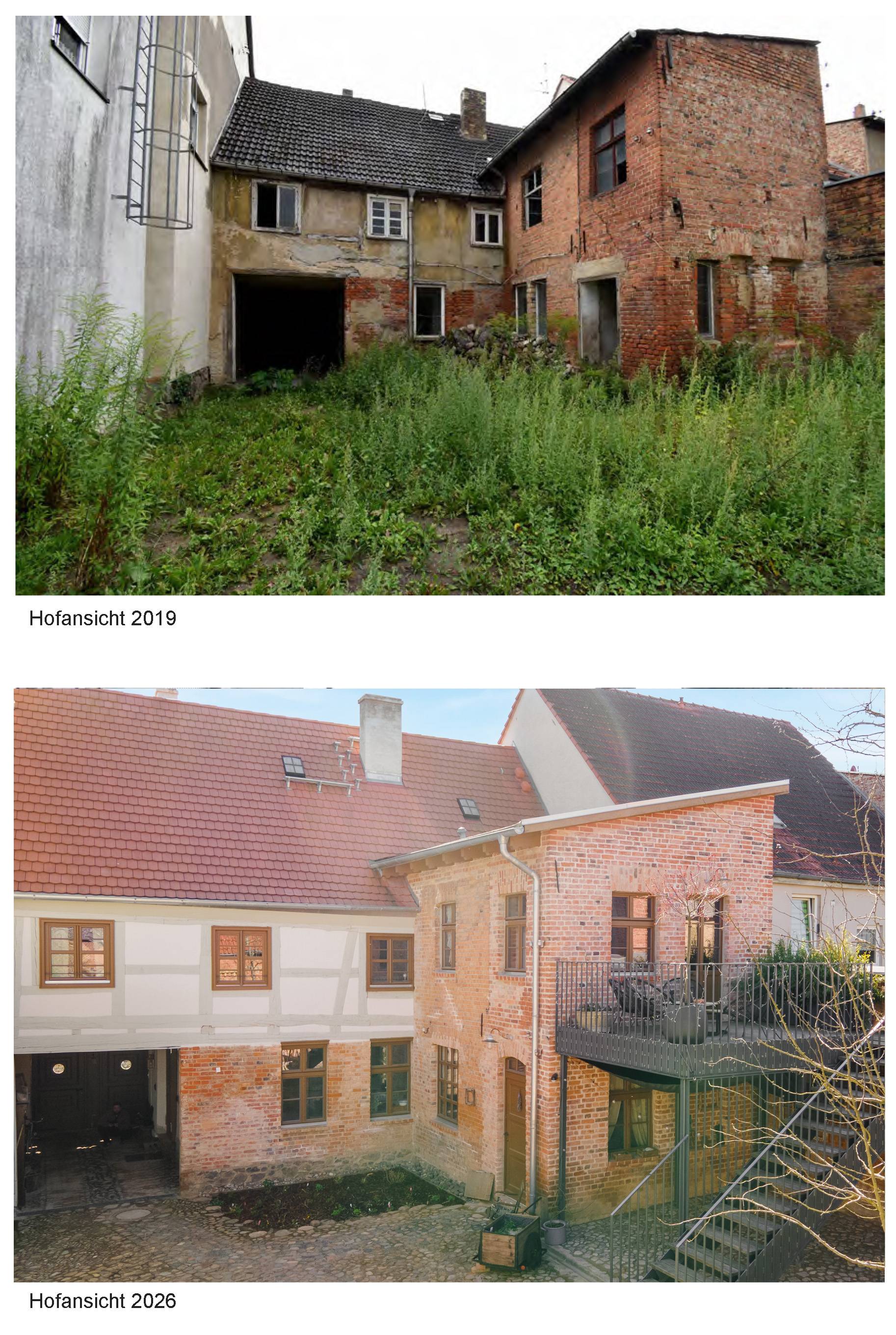 Vorher-Nachher Vergleich des Innenhofs: Verwilderter Hof 2019 mit Unkraut und baufälligen Dächern vs. vollendeter Denkmal-Innenhof 2026