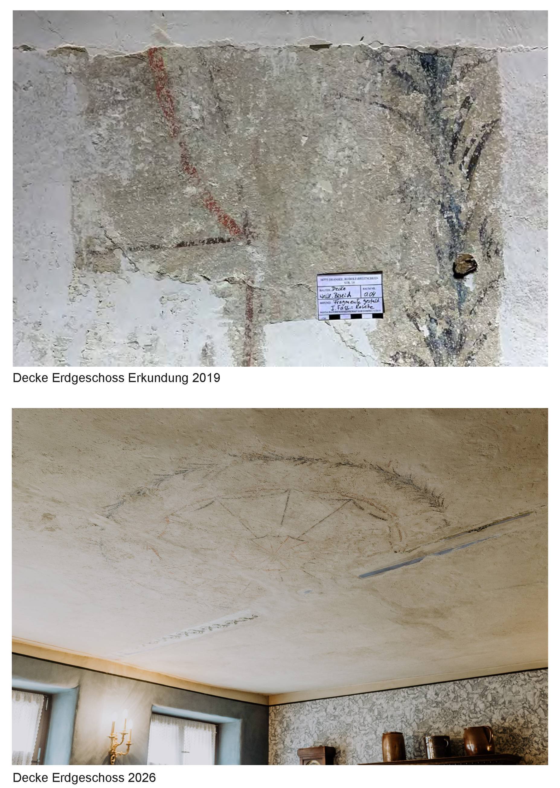 Restauratorische Befunduntersuchung 2019 mit Farbfreilegung und die vollendete Deckenrosette 2026 im Erdgeschoss-Salon