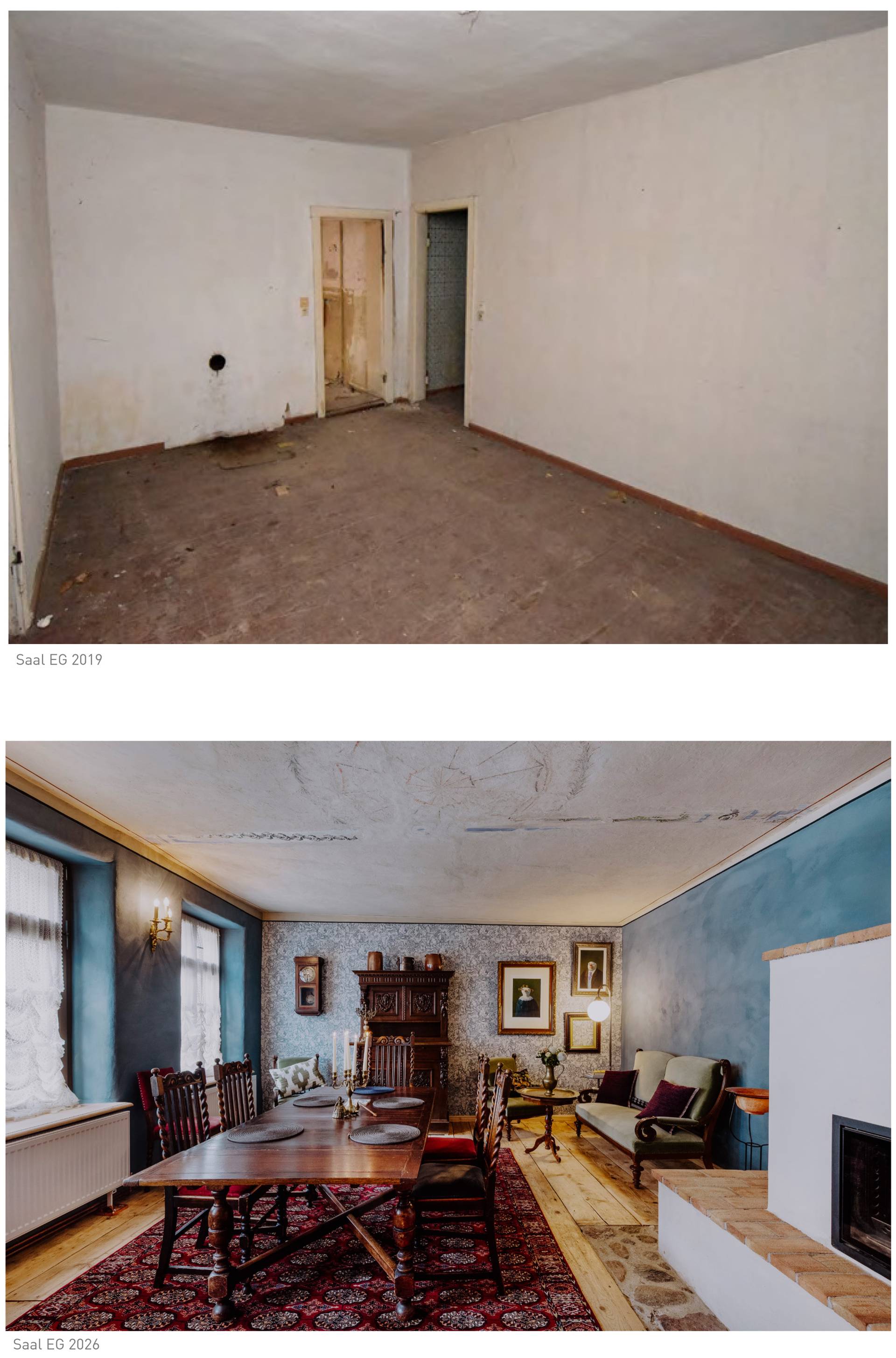 Vorher-Nachher Vergleich des Saals im Erdgeschoss: Trostloser Leerstand 2019 mit Linoleum vs. festlicher Salon 2026 mit Esstafel und blauen Lehmwänden