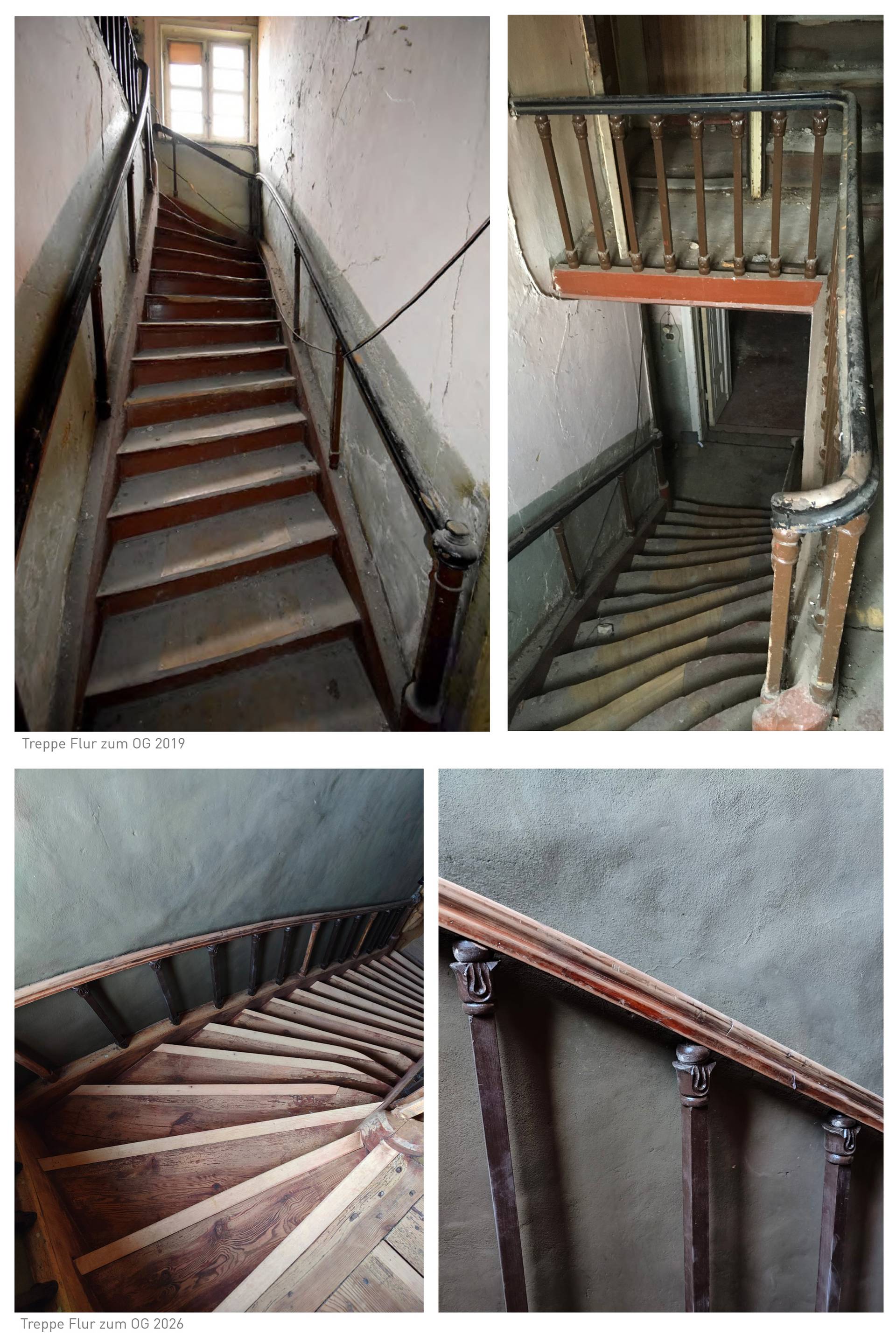 Vorher-Nachher Vergleich des Treppenhauses: Desolate, abgetretene Treppe 2019 vs. meisterhaft aufgearbeitete geschwungene Holztreppe 2026